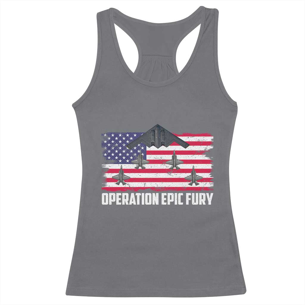 Operation Epic Fury Fighter Jet Formation American Flag Racerback Tank Top B12 Spirit USA Strength and Freedom