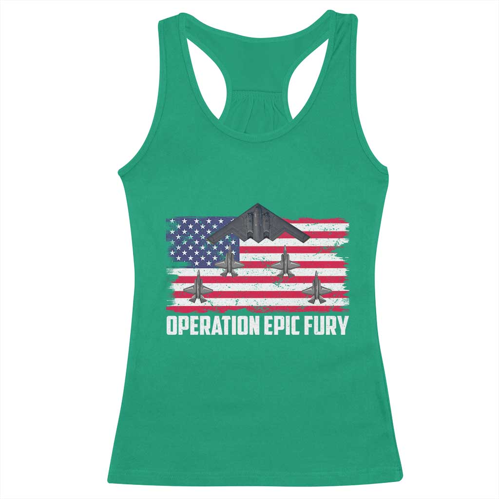Operation Epic Fury Fighter Jet Formation American Flag Racerback Tank Top B12 Spirit USA Strength and Freedom