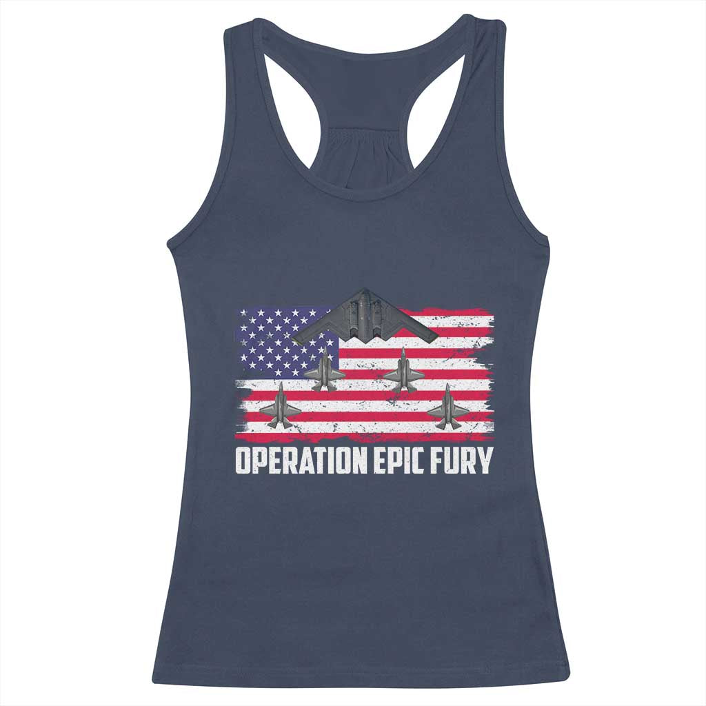 Operation Epic Fury Fighter Jet Formation American Flag Racerback Tank Top B12 Spirit USA Strength and Freedom
