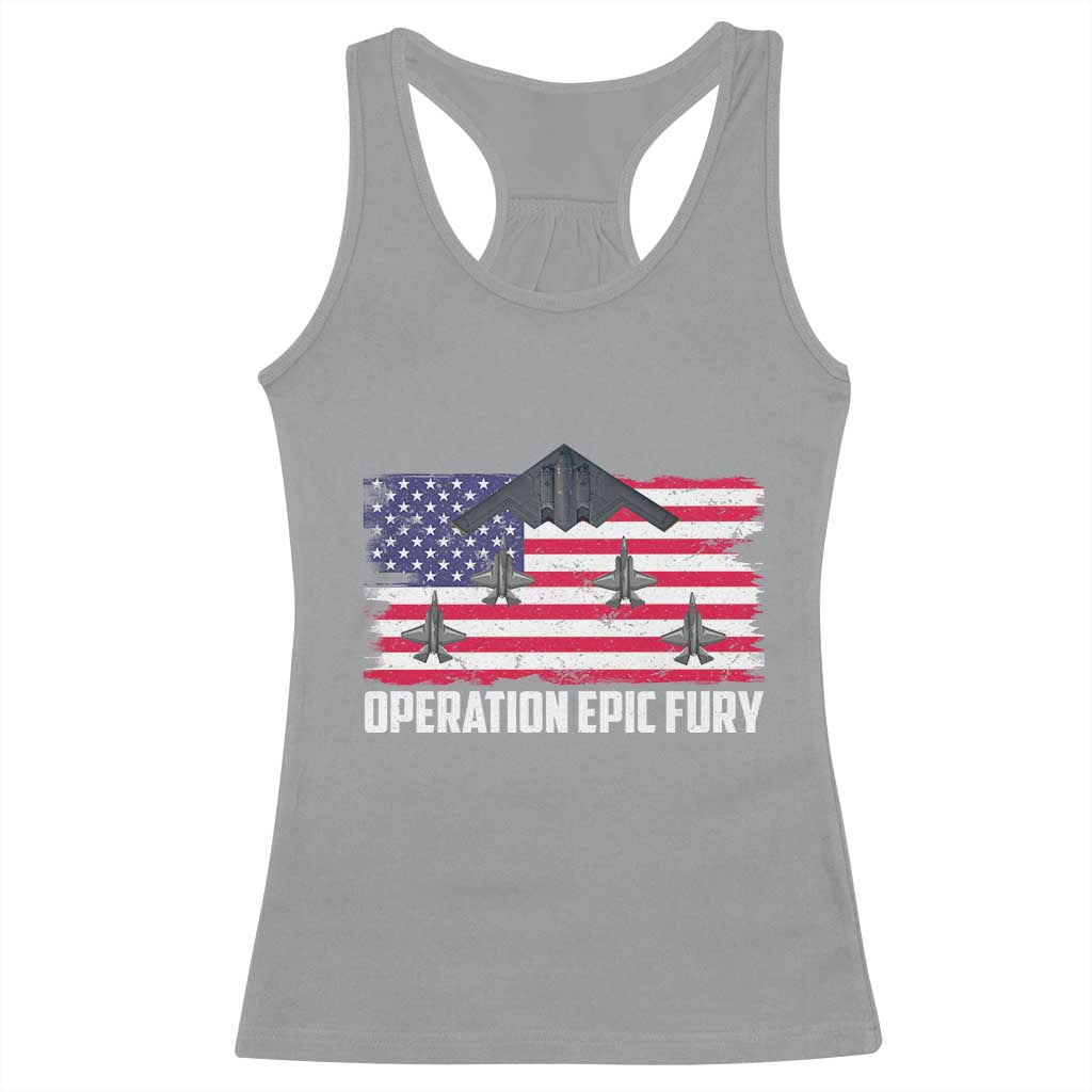 Operation Epic Fury Fighter Jet Formation American Flag Racerback Tank Top B12 Spirit USA Strength and Freedom