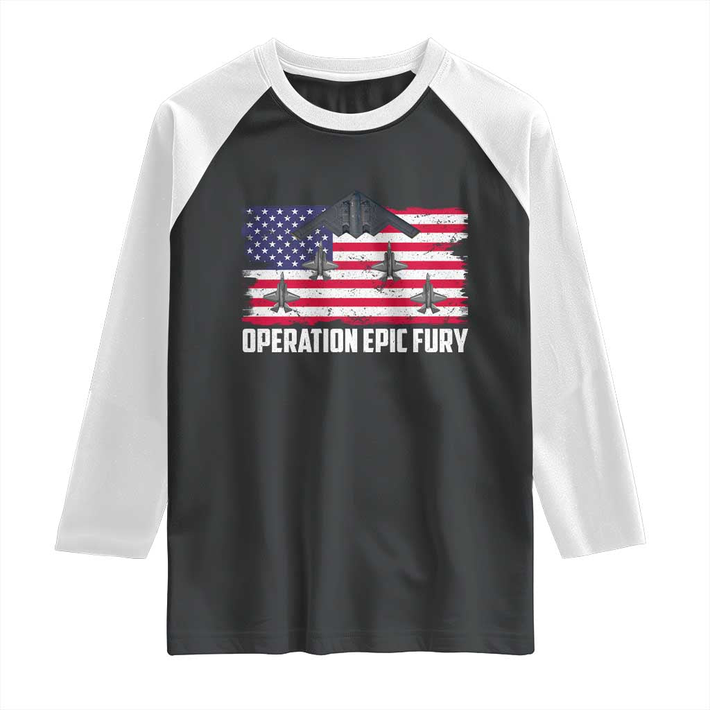 Operation Epic Fury Fighter Jet Formation American Flag Raglan Shirt B12 Spirit USA Strength and Freedom