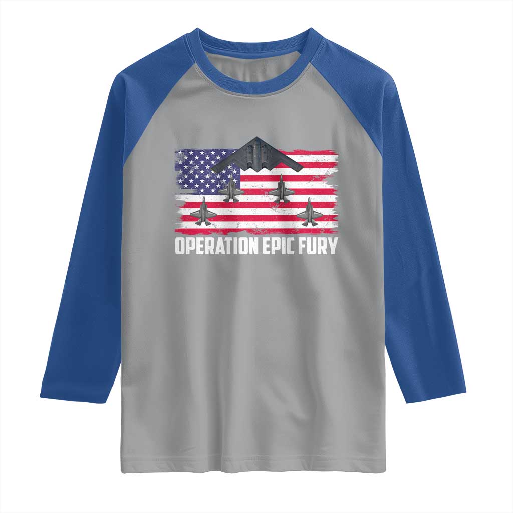 Operation Epic Fury Fighter Jet Formation American Flag Raglan Shirt B12 Spirit USA Strength and Freedom