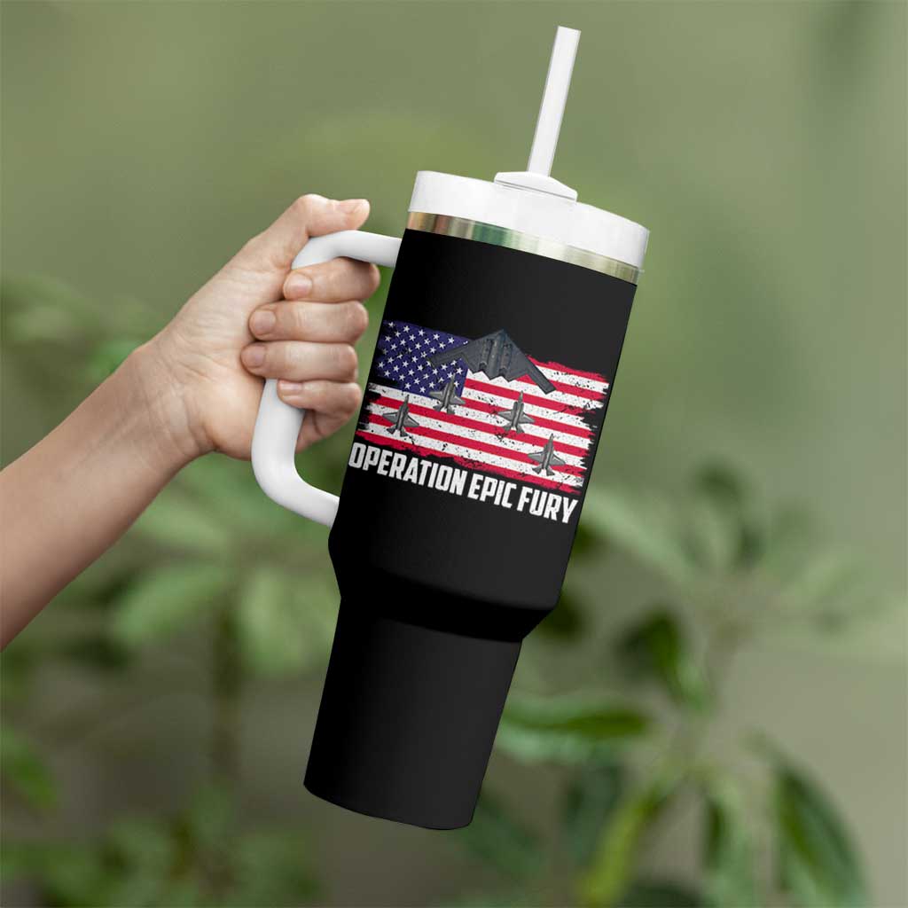Operation Epic Fury Fighter Jet Formation American Flag Tumbler With Handle B12 Spirit USA Strength and Freedom