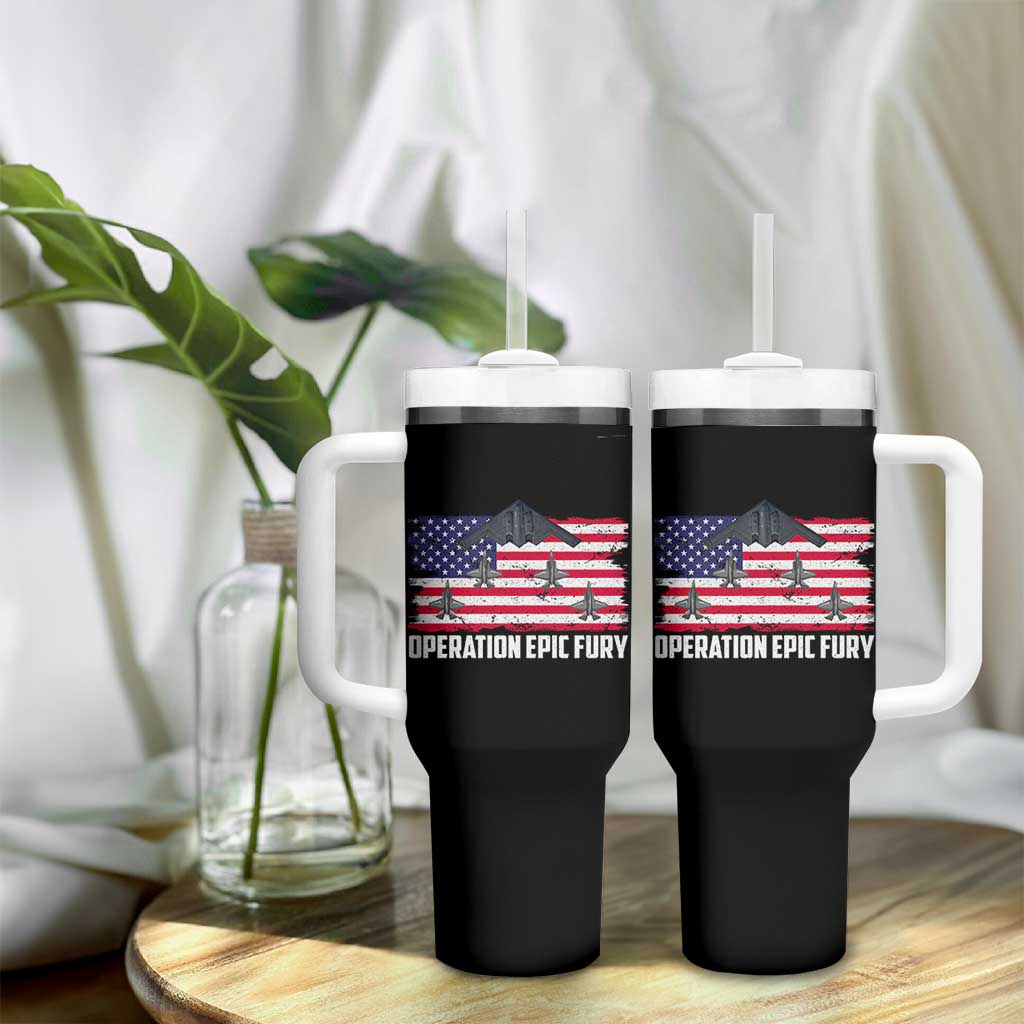 Operation Epic Fury Fighter Jet Formation American Flag Tumbler With Handle B12 Spirit USA Strength and Freedom