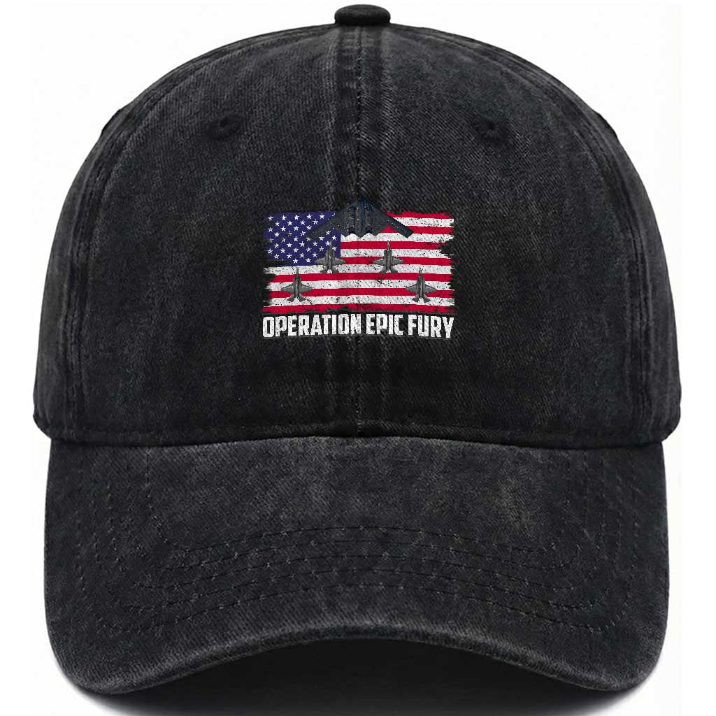 Operation Epic Fury Fighter Jet Formation American Flag Washed Cotton Baseball Cap B12 Spirit USA Strength and Freedom