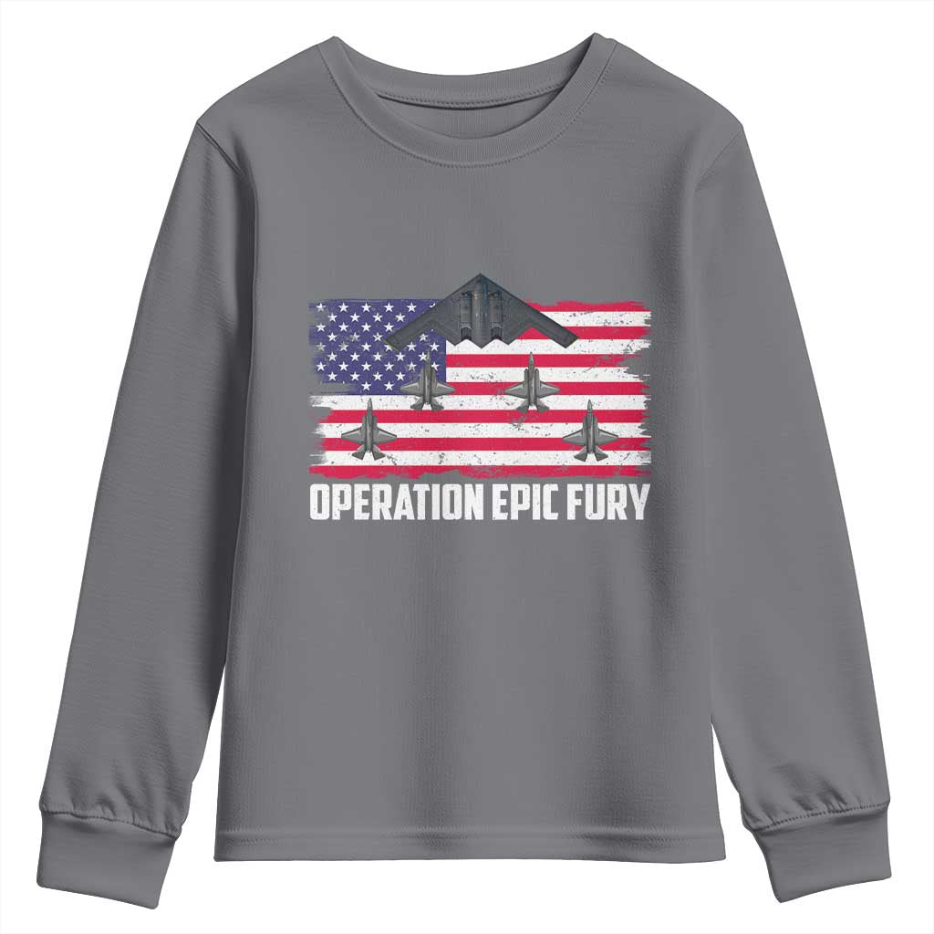 Operation Epic Fury Fighter Jet Formation American Flag Youth Sweatshirt B12 Spirit USA Strength and Freedom