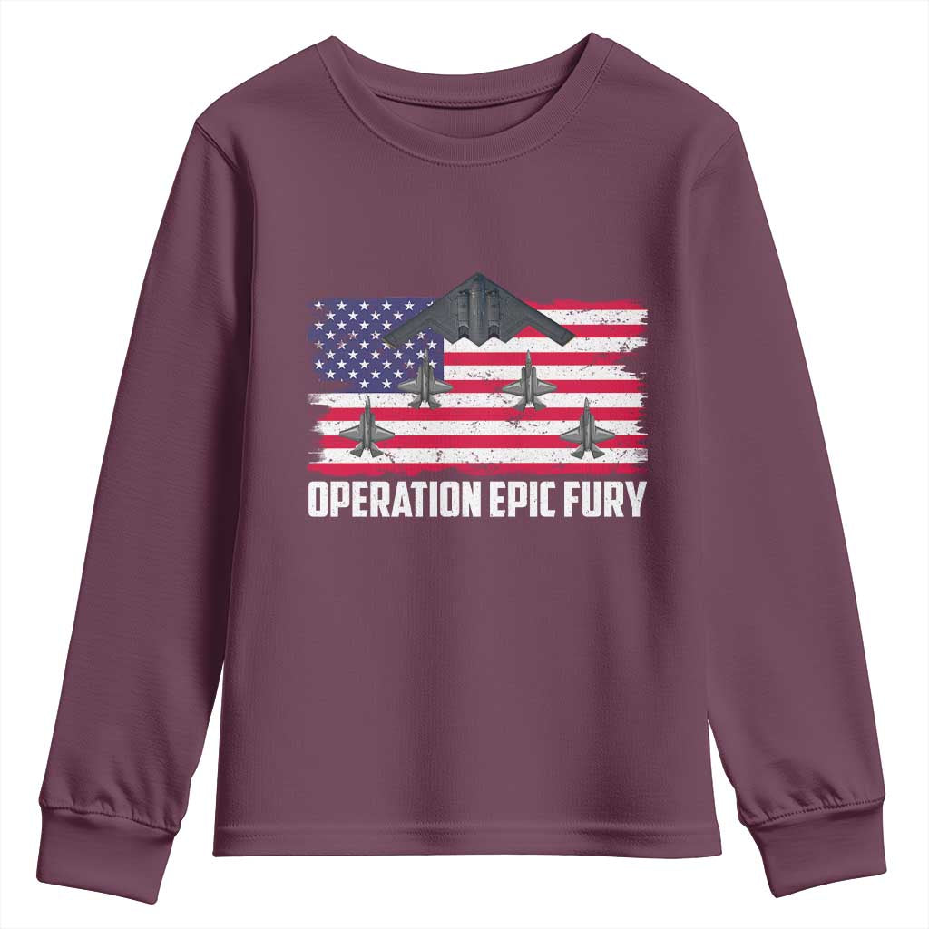 Operation Epic Fury Fighter Jet Formation American Flag Youth Sweatshirt B12 Spirit USA Strength and Freedom