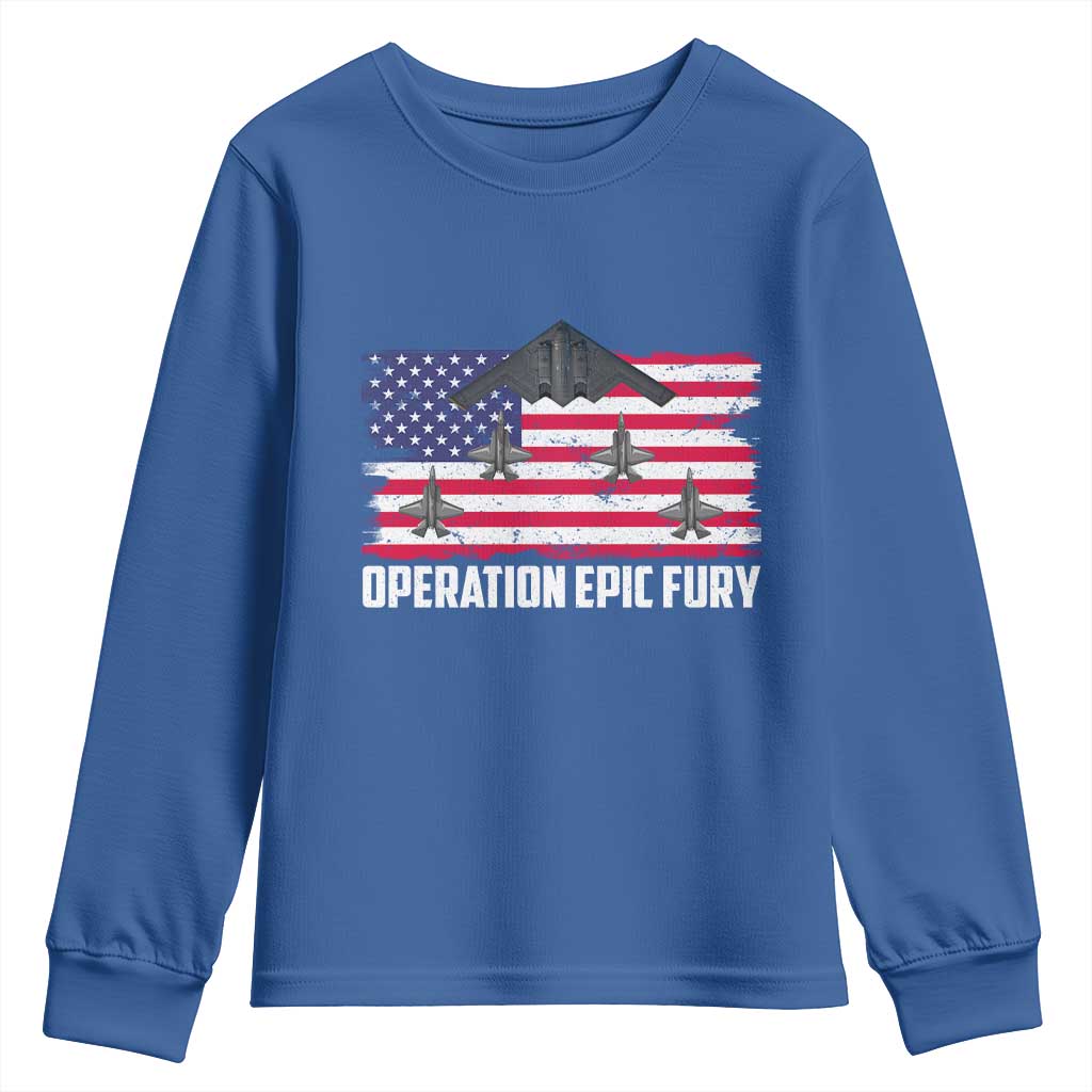 Operation Epic Fury Fighter Jet Formation American Flag Youth Sweatshirt B12 Spirit USA Strength and Freedom