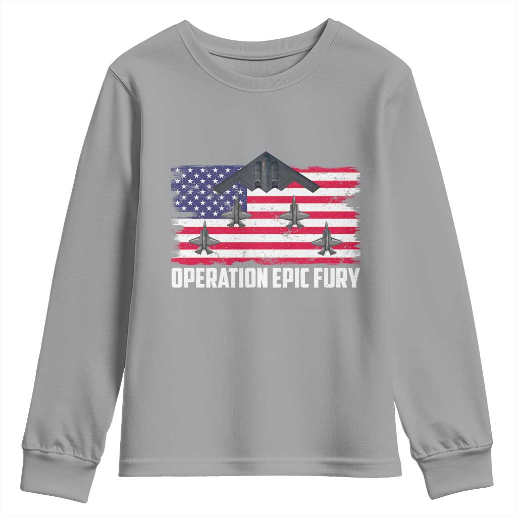 Operation Epic Fury Fighter Jet Formation American Flag Youth Sweatshirt B12 Spirit USA Strength and Freedom