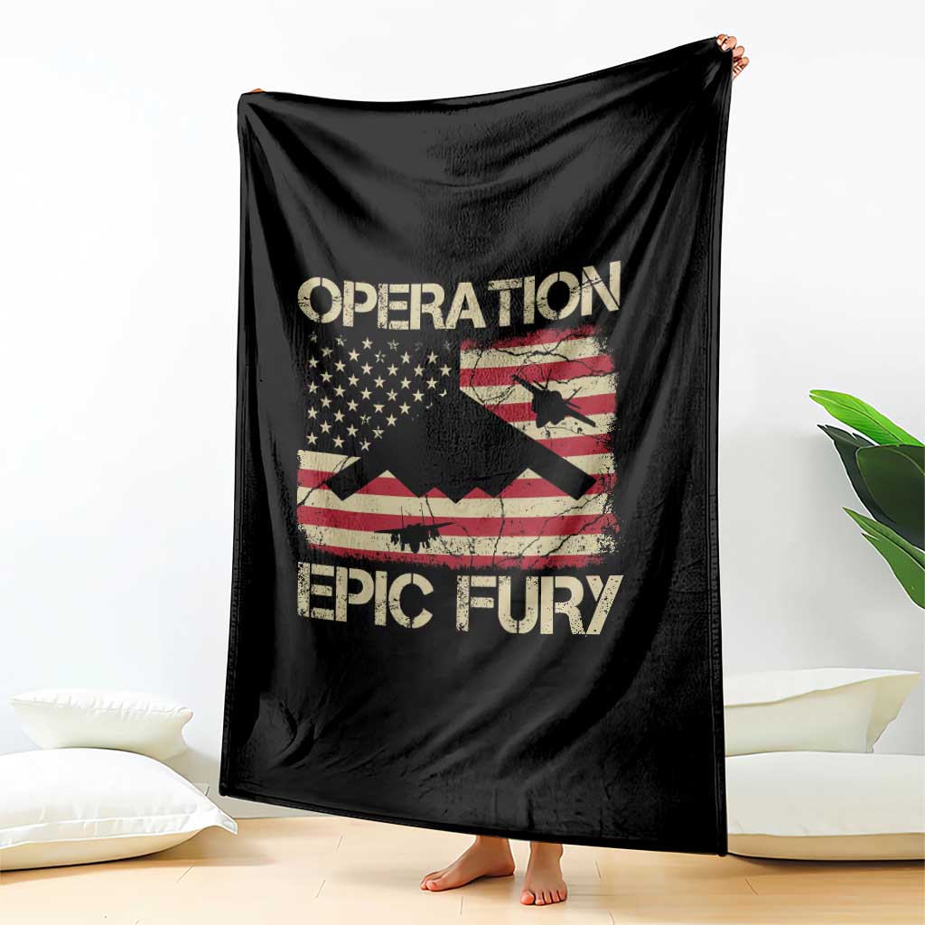 Operation Epic Fury Vintage American Flag Bomber Throw Blanket B2 Spirit Patriotic Strength