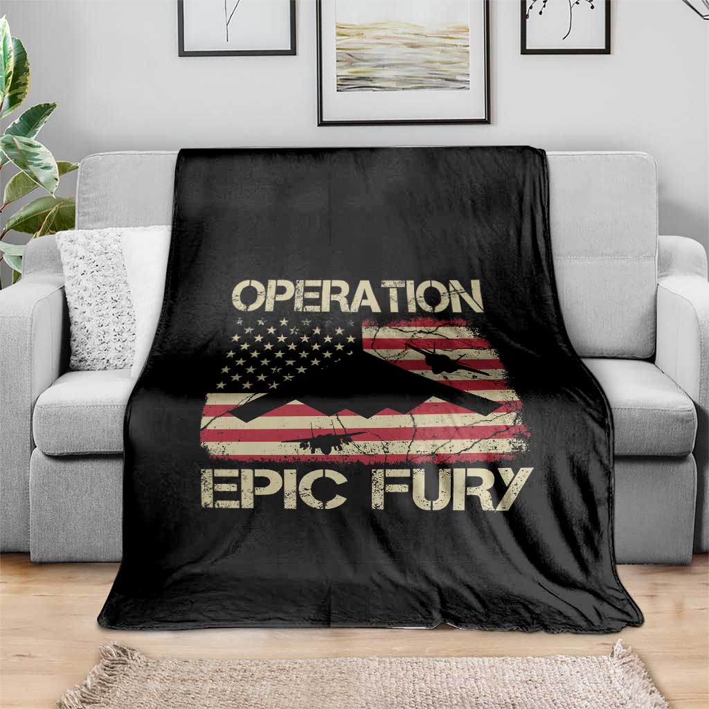 Operation Epic Fury Vintage American Flag Bomber Throw Blanket B2 Spirit Patriotic Strength
