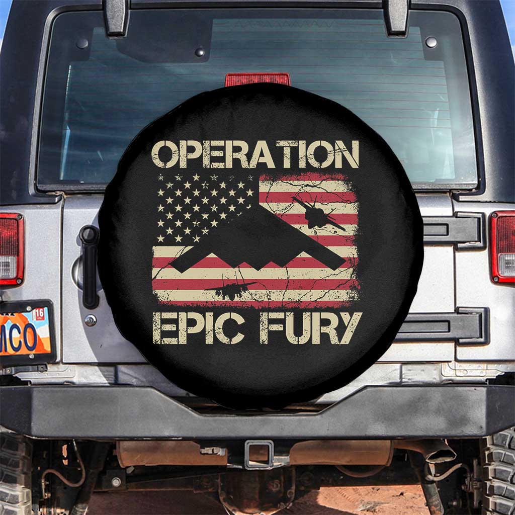 Operation Epic Fury Vintage American Flag Bomber Spare Tire Cover B2 Spirit Patriotic Strength