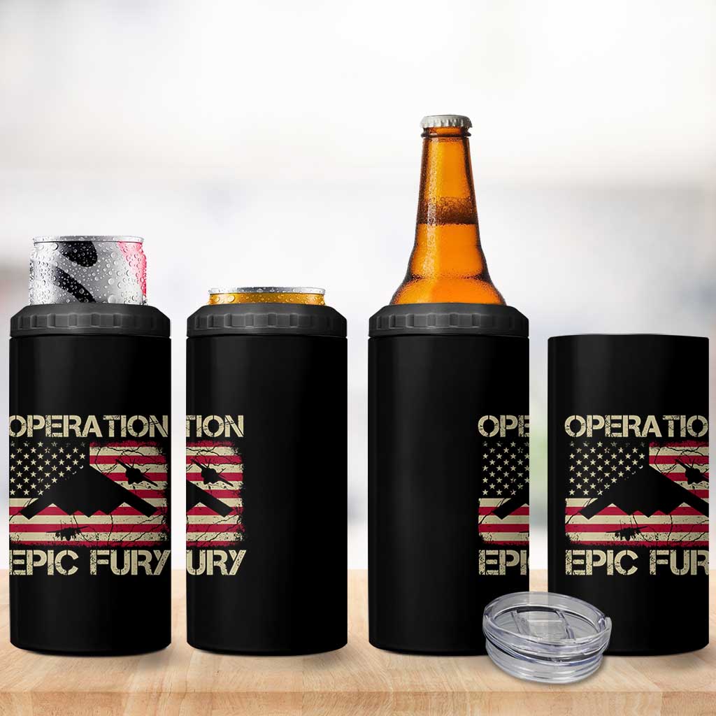 Operation Epic Fury Vintage American Flag Bomber 4 in 1 Can Cooler Tumbler B2 Spirit Patriotic Strength