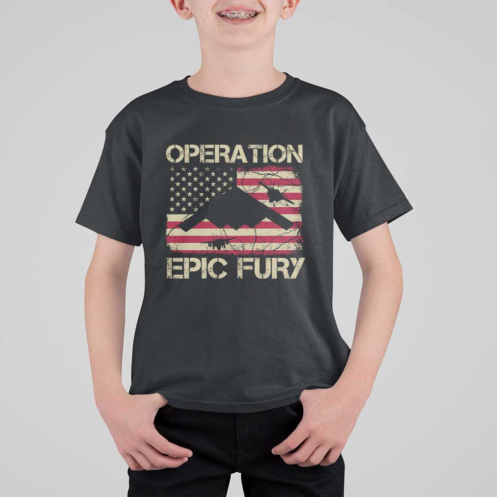 Operation Epic Fury Vintage American Flag Bomber T Shirt For Kid B2 Spirit Patriotic Strength
