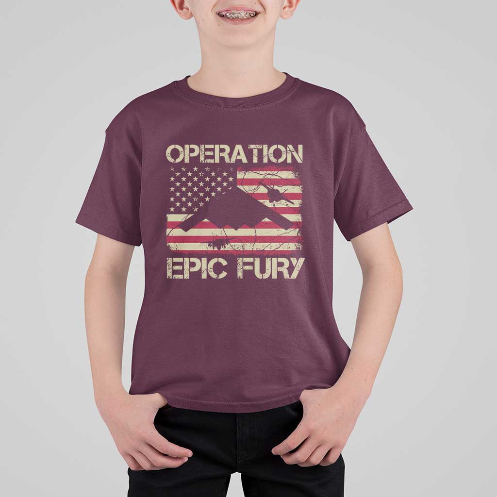 Operation Epic Fury Vintage American Flag Bomber T Shirt For Kid B2 Spirit Patriotic Strength
