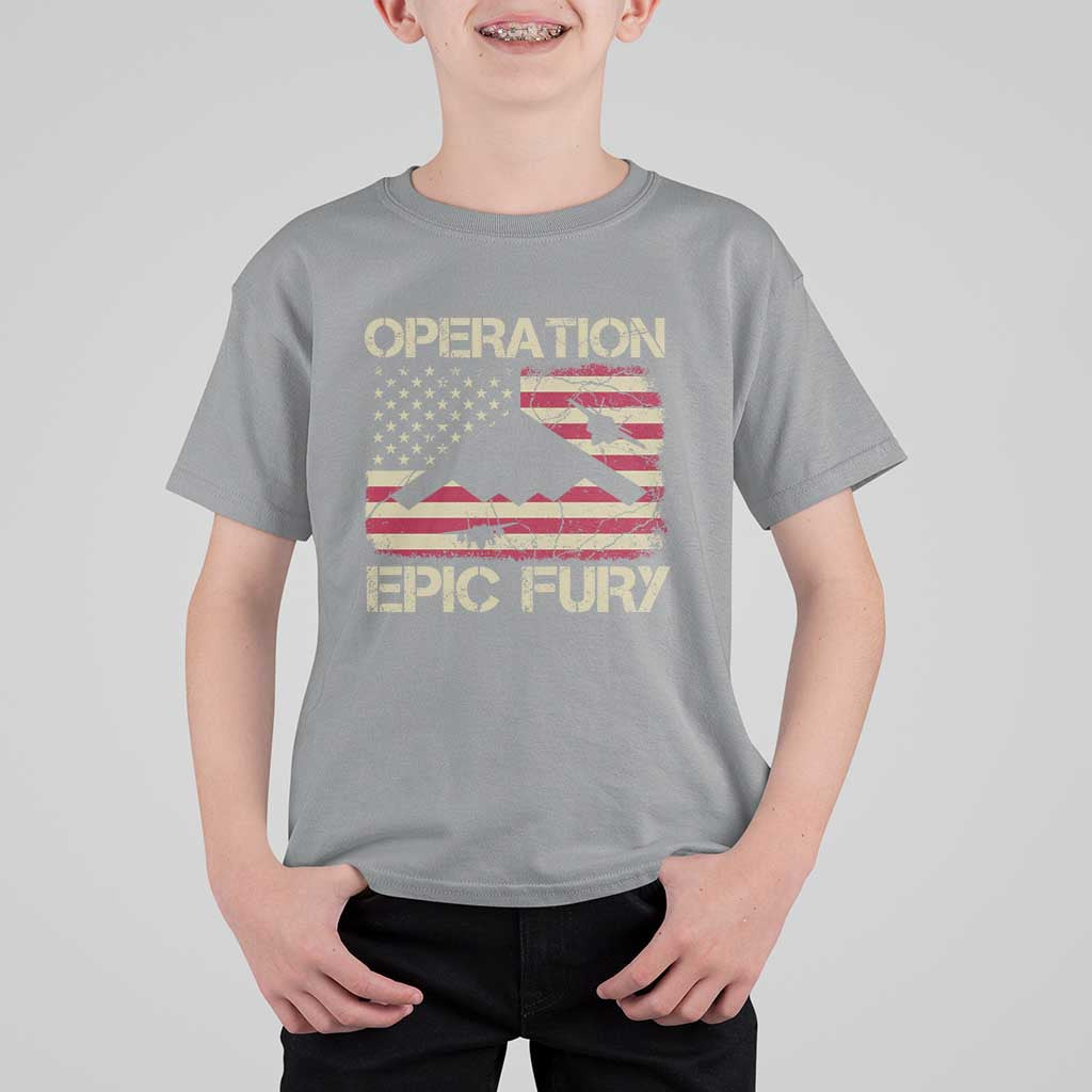 Operation Epic Fury Vintage American Flag Bomber T Shirt For Kid B2 Spirit Patriotic Strength
