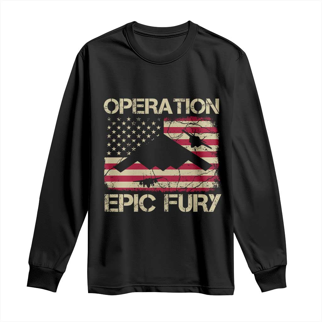 Operation Epic Fury Vintage American Flag Bomber Long Sleeve Shirt B2 Spirit Patriotic Strength