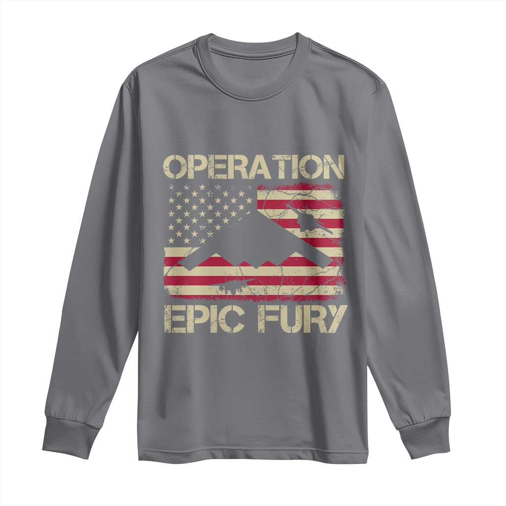 Operation Epic Fury Vintage American Flag Bomber Long Sleeve Shirt B2 Spirit Patriotic Strength