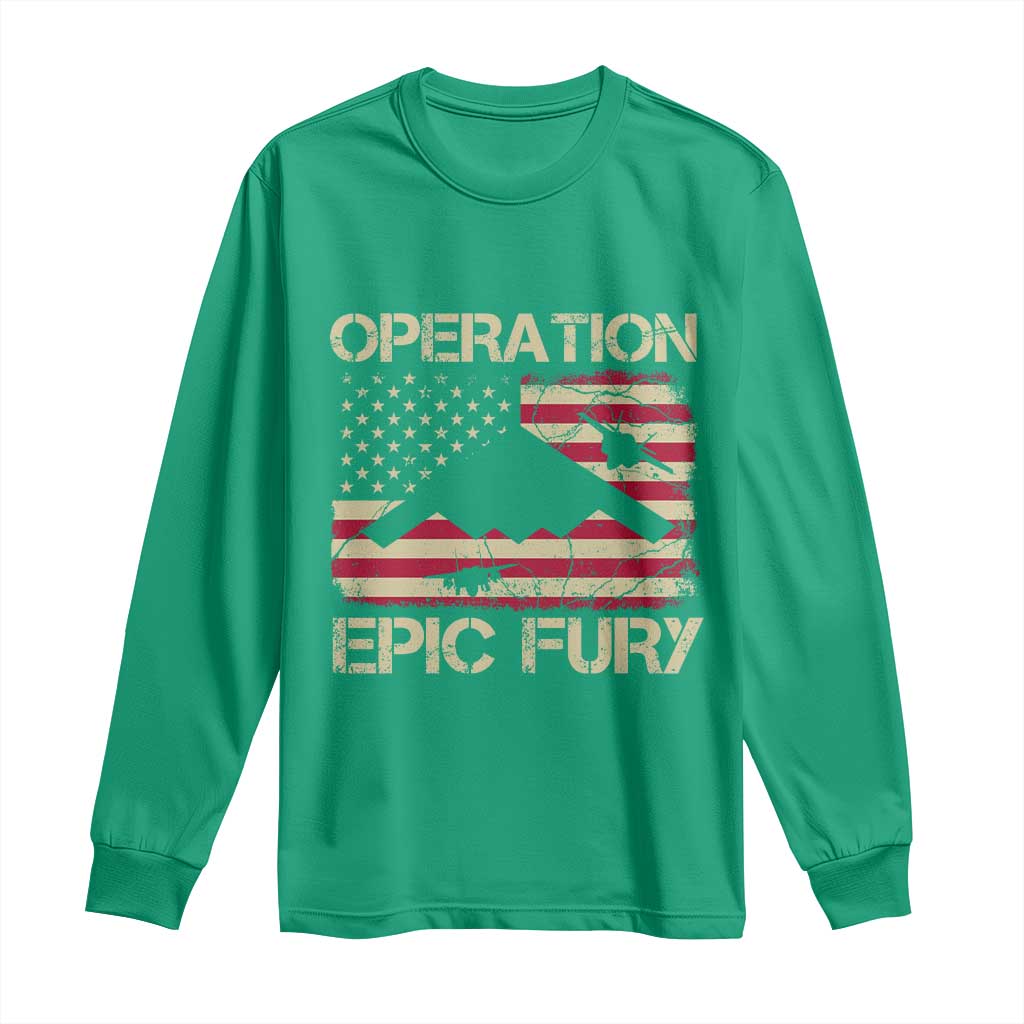 Operation Epic Fury Vintage American Flag Bomber Long Sleeve Shirt B2 Spirit Patriotic Strength