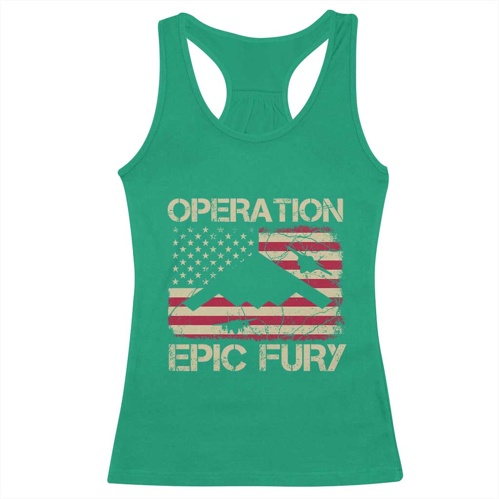 Operation Epic Fury Vintage American Flag Bomber Racerback Tank Top B2 Spirit Patriotic Strength