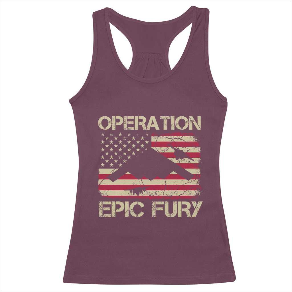 Operation Epic Fury Vintage American Flag Bomber Racerback Tank Top B2 Spirit Patriotic Strength
