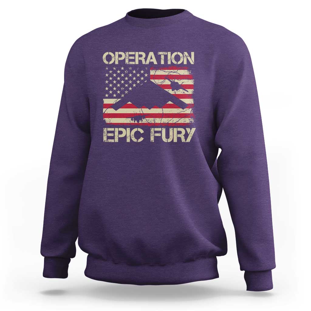 Operation Epic Fury Vintage American Flag Bomber Sweatshirt B2 Spirit Patriotic Strength