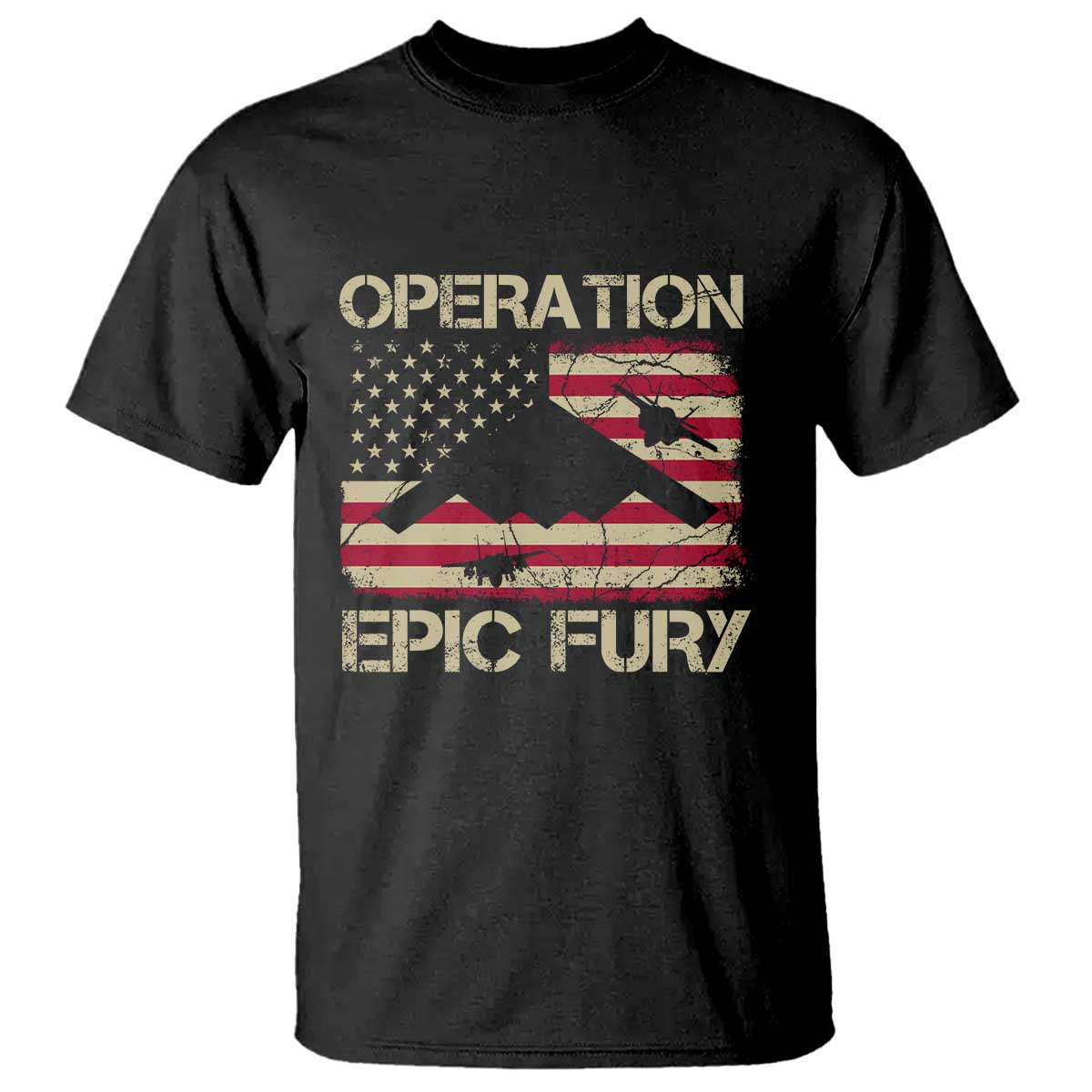 Operation Epic Fury Vintage American Flag Bomber T Shirt B2 Spirit Patriotic Strength