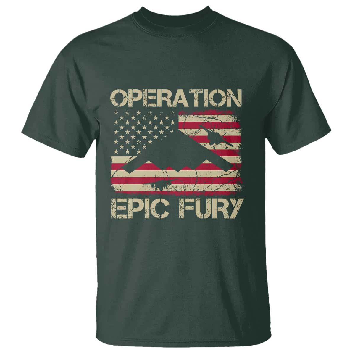 Operation Epic Fury Vintage American Flag Bomber T Shirt B2 Spirit Patriotic Strength