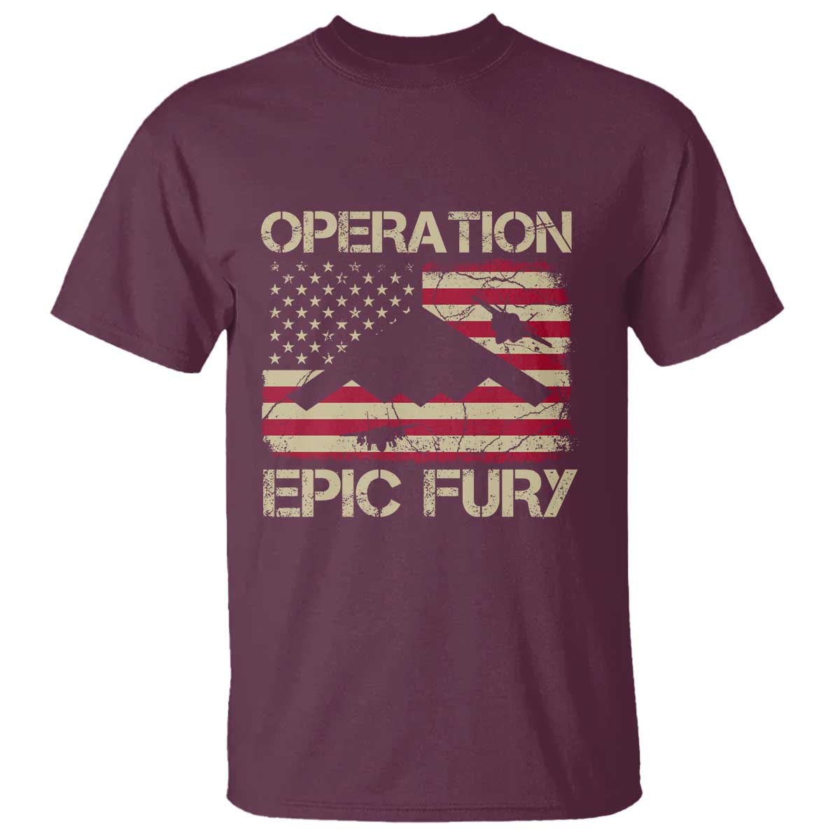 Operation Epic Fury Vintage American Flag Bomber T Shirt B2 Spirit Patriotic Strength