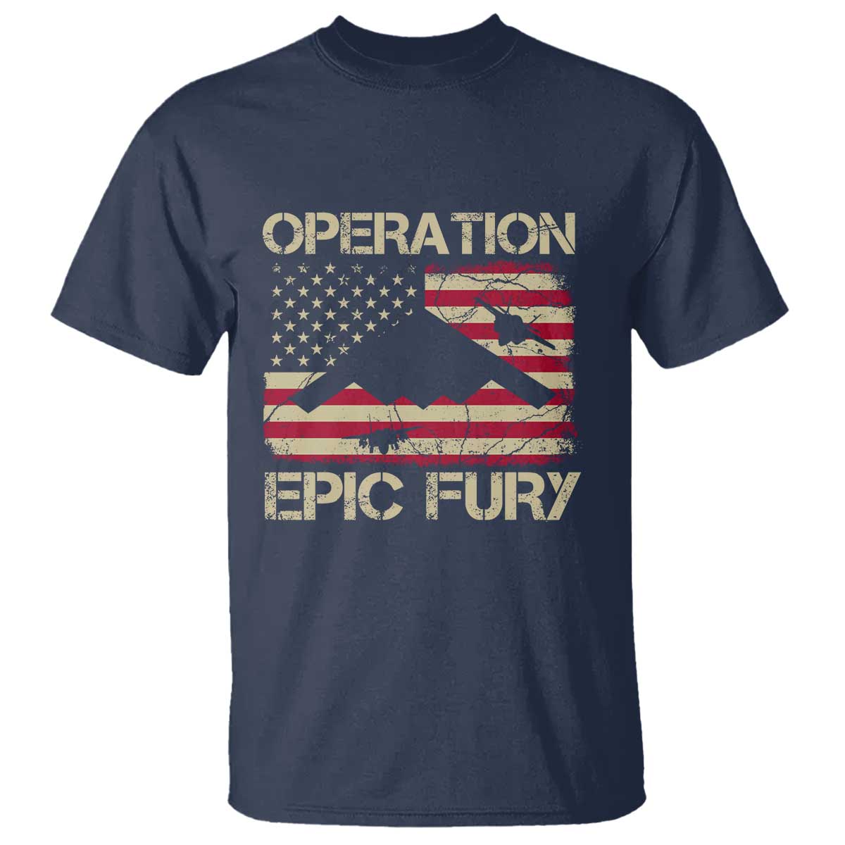Operation Epic Fury Vintage American Flag Bomber T Shirt B2 Spirit Patriotic Strength