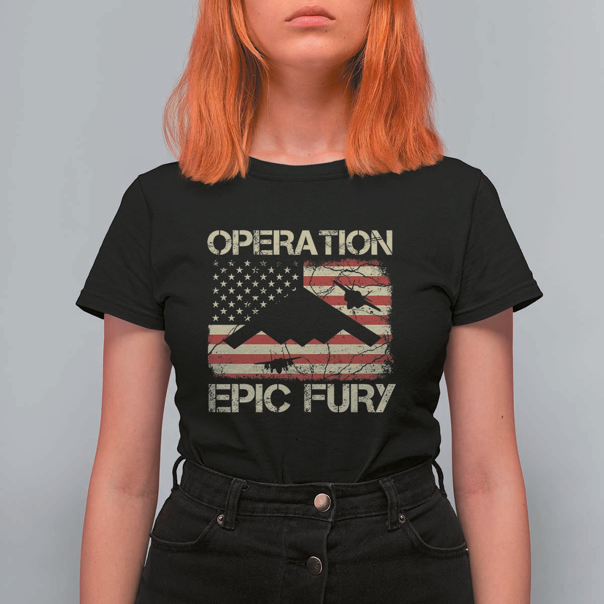 Operation Epic Fury Vintage American Flag Bomber T Shirt For Women B2 Spirit Patriotic Strength