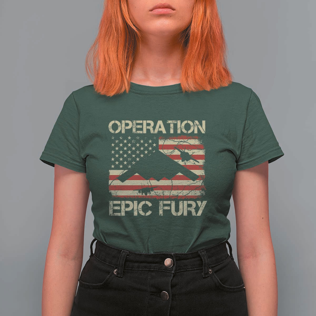 Operation Epic Fury Vintage American Flag Bomber T Shirt For Women B2 Spirit Patriotic Strength