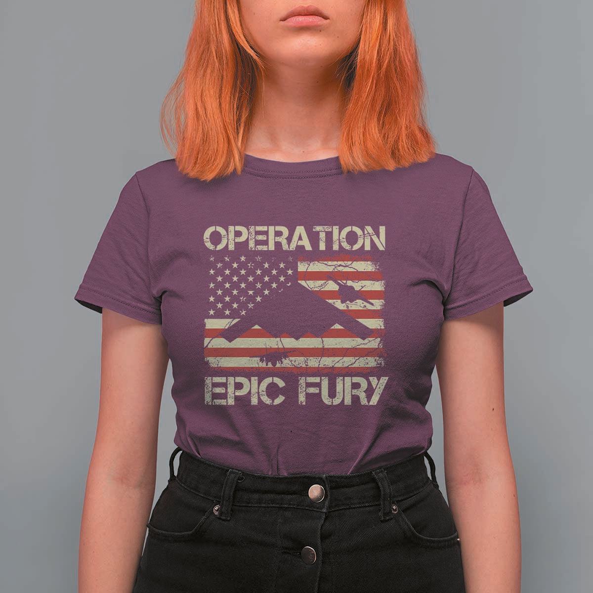Operation Epic Fury Vintage American Flag Bomber T Shirt For Women B2 Spirit Patriotic Strength
