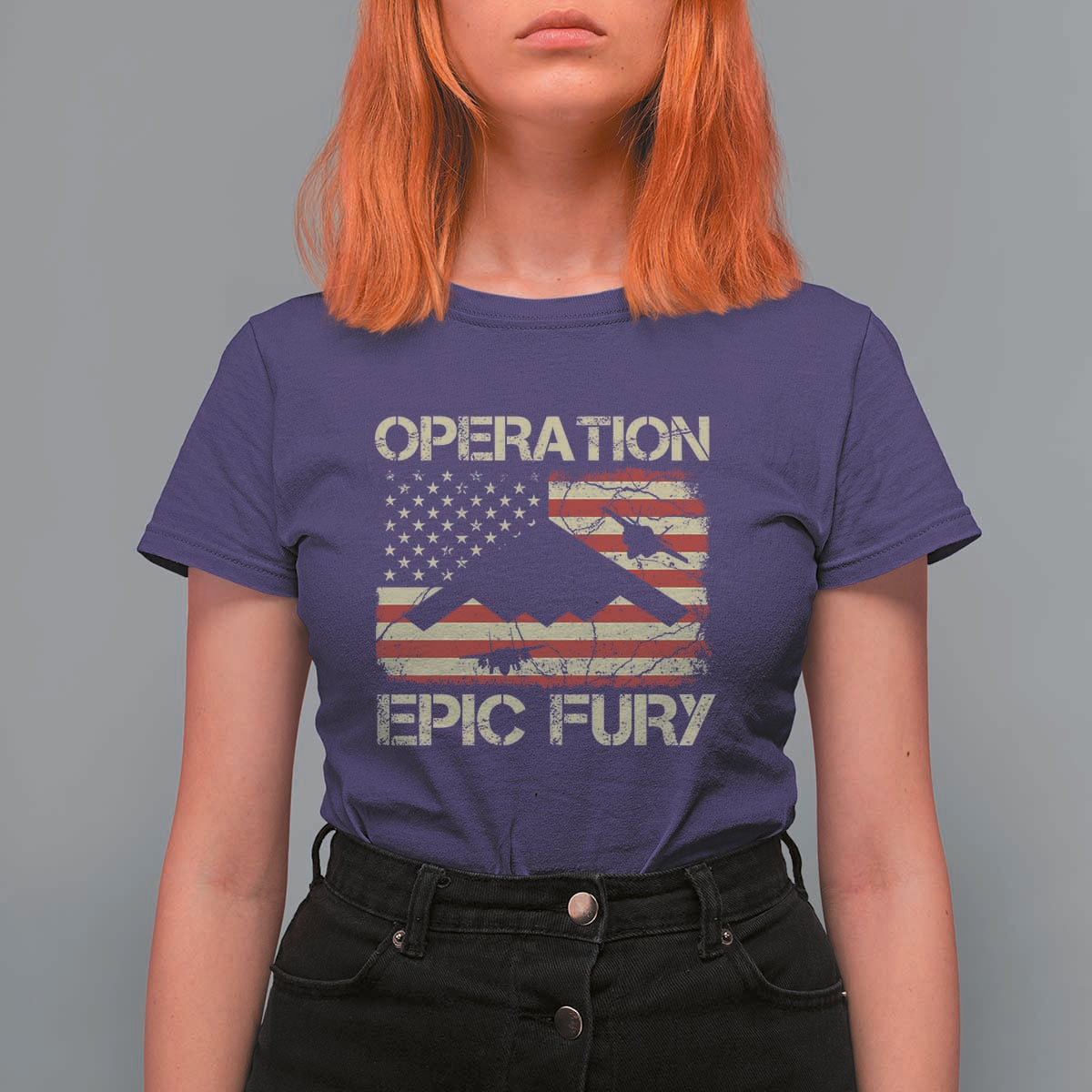 Operation Epic Fury Vintage American Flag Bomber T Shirt For Women B2 Spirit Patriotic Strength