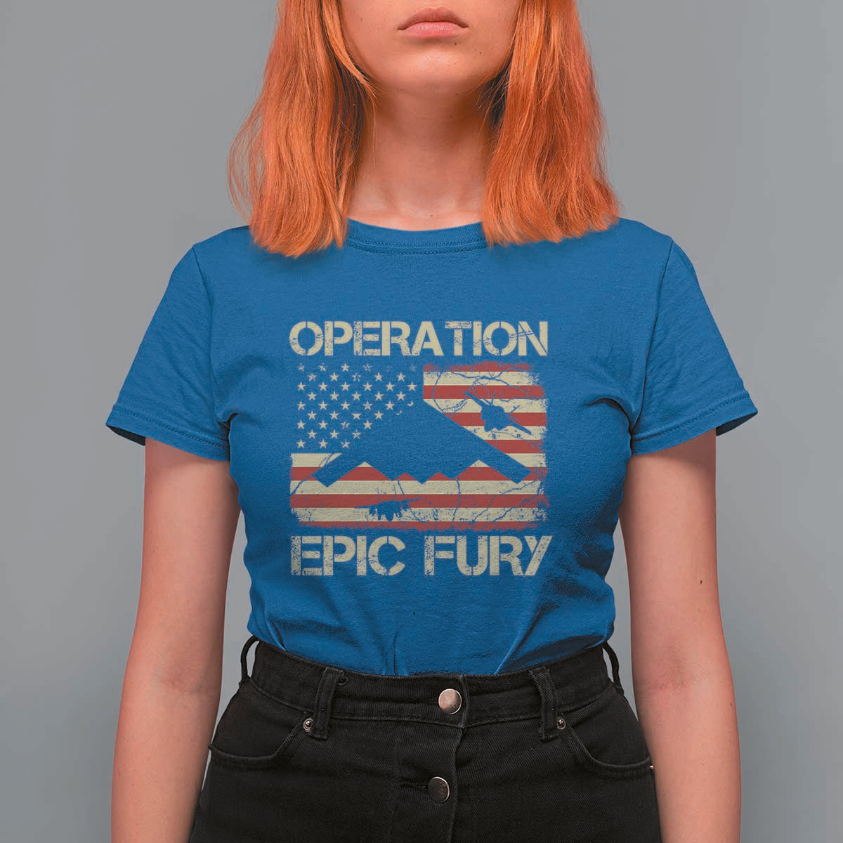 Operation Epic Fury Vintage American Flag Bomber T Shirt For Women B2 Spirit Patriotic Strength