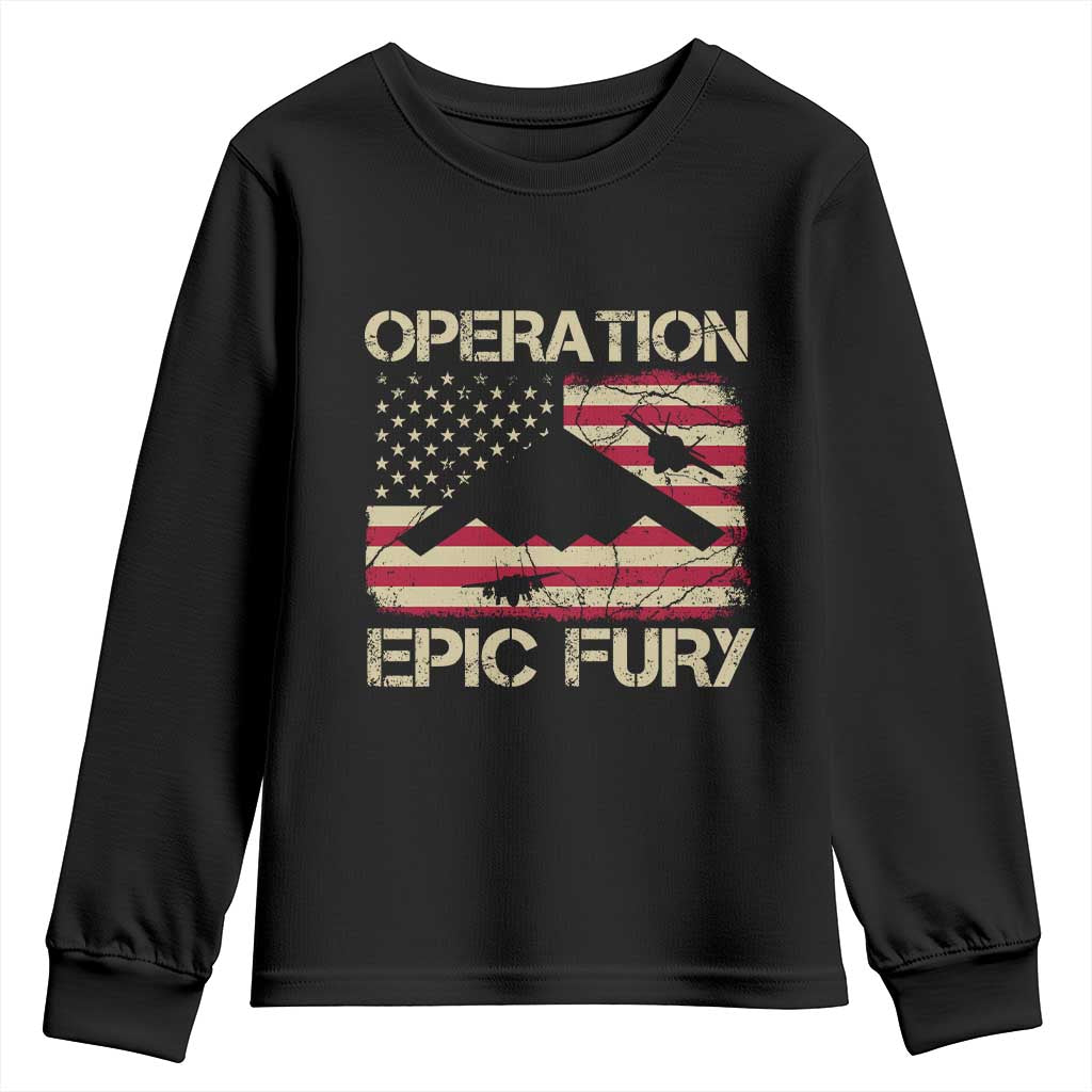 Operation Epic Fury Vintage American Flag Bomber Youth Sweatshirt B2 Spirit Patriotic Strength