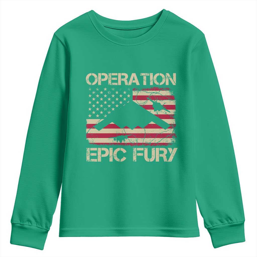 Operation Epic Fury Vintage American Flag Bomber Youth Sweatshirt B2 Spirit Patriotic Strength