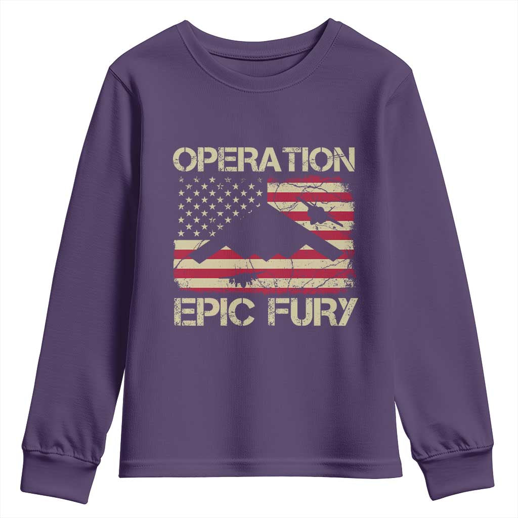 Operation Epic Fury Vintage American Flag Bomber Youth Sweatshirt B2 Spirit Patriotic Strength
