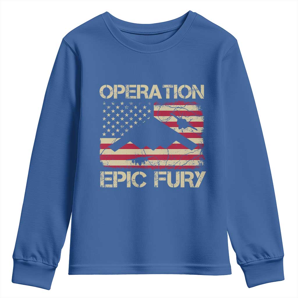 Operation Epic Fury Vintage American Flag Bomber Youth Sweatshirt B2 Spirit Patriotic Strength