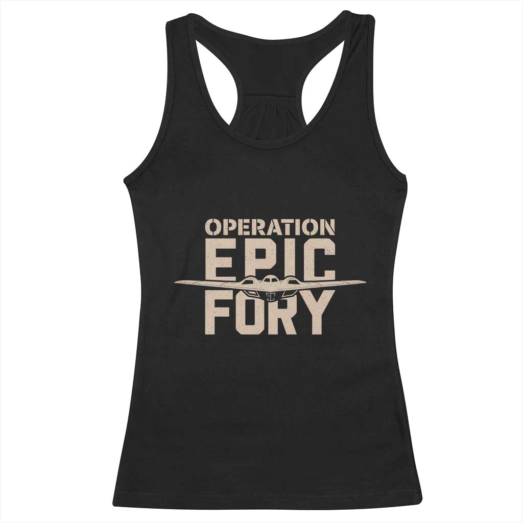 Operation Epic Fury Stealth Bomber Silhouette Racerback Tank Top Patriotic B2 Spirit Aviation Statement