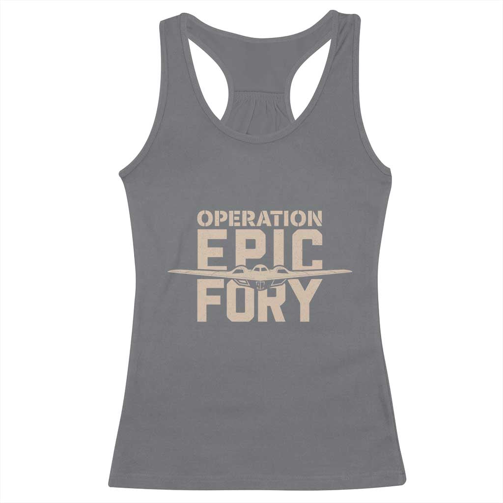 Operation Epic Fury Stealth Bomber Silhouette Racerback Tank Top Patriotic B2 Spirit Aviation Statement