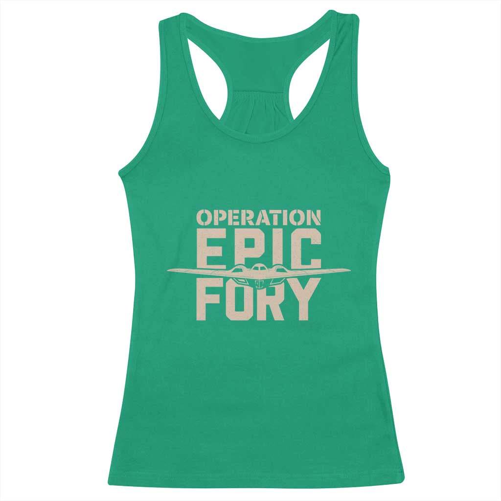 Operation Epic Fury Stealth Bomber Silhouette Racerback Tank Top Patriotic B2 Spirit Aviation Statement