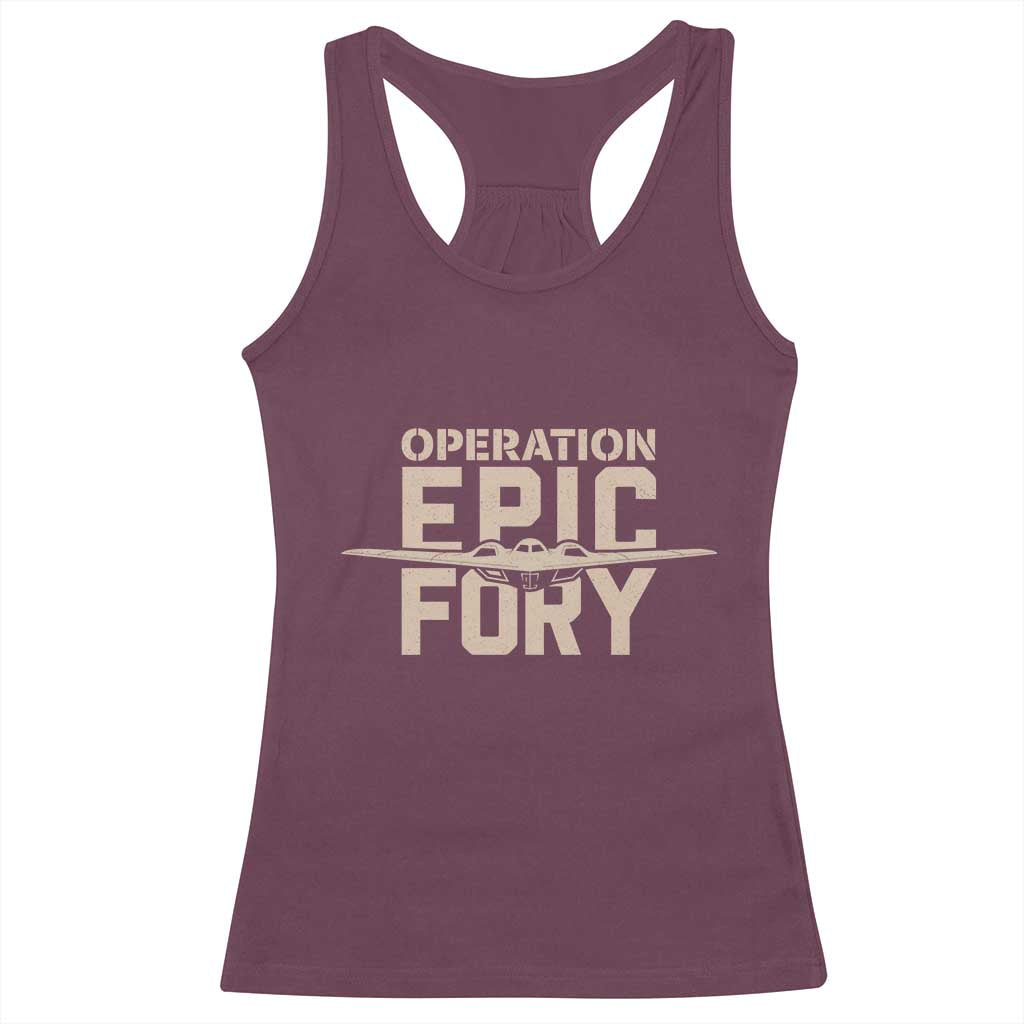 Operation Epic Fury Stealth Bomber Silhouette Racerback Tank Top Patriotic B2 Spirit Aviation Statement