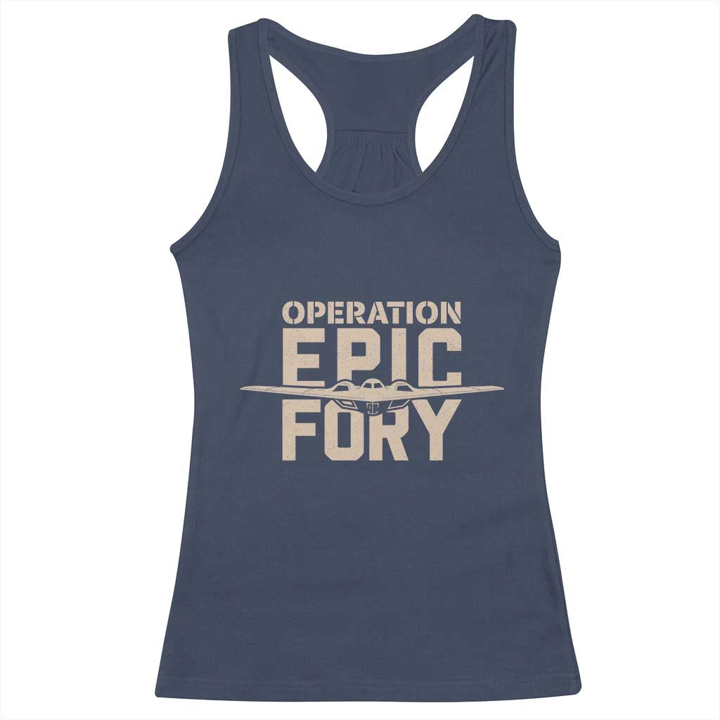 Operation Epic Fury Stealth Bomber Silhouette Racerback Tank Top Patriotic B2 Spirit Aviation Statement