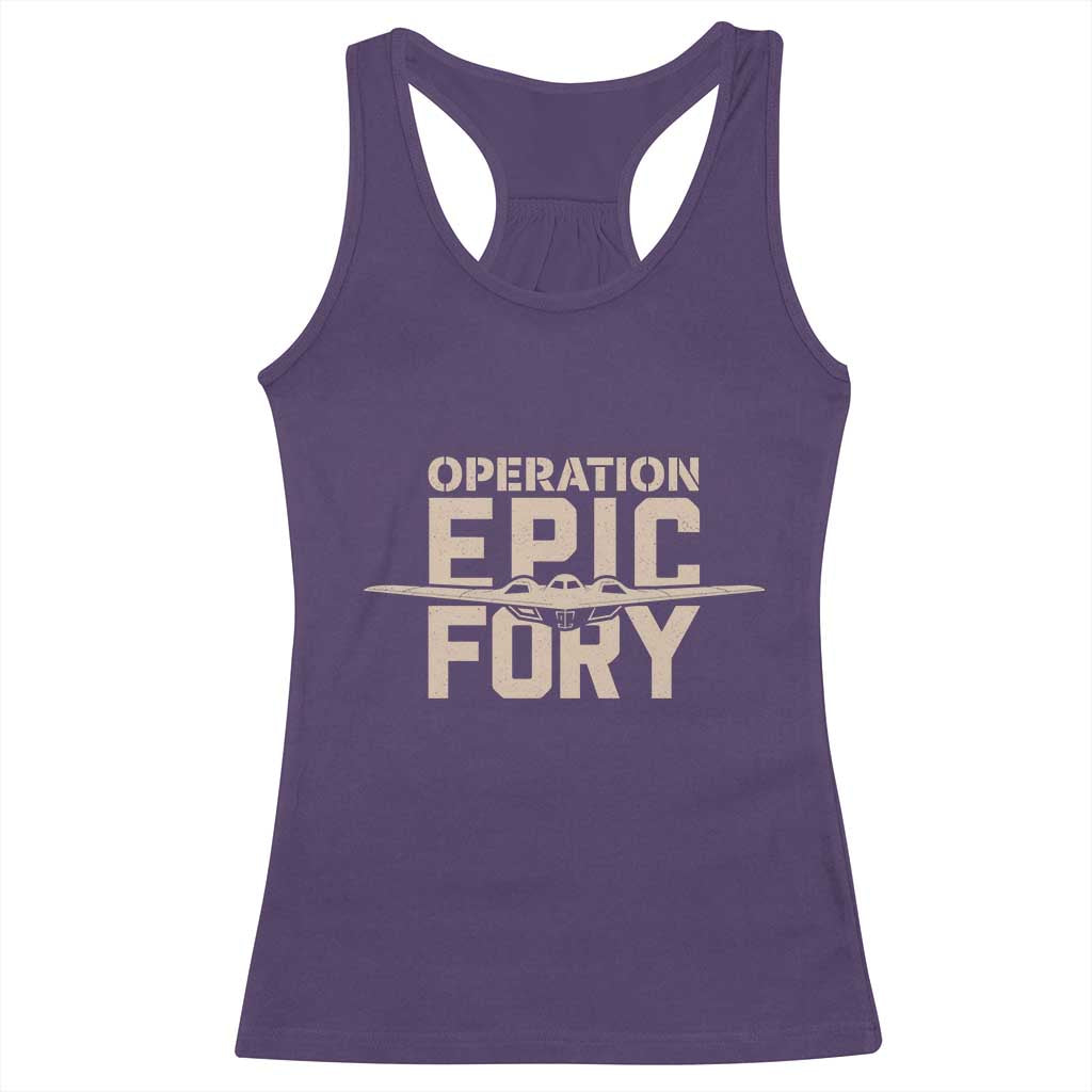 Operation Epic Fury Stealth Bomber Silhouette Racerback Tank Top Patriotic B2 Spirit Aviation Statement