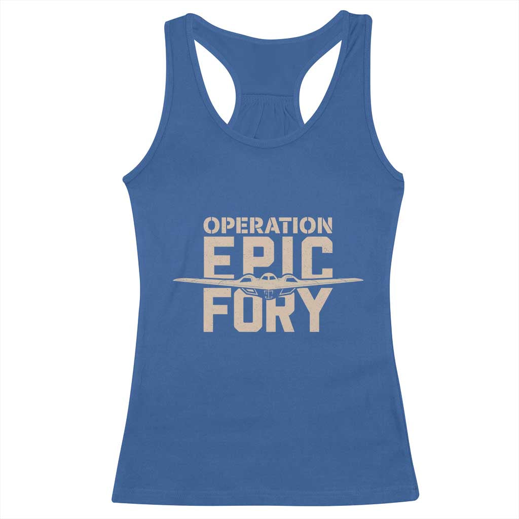 Operation Epic Fury Stealth Bomber Silhouette Racerback Tank Top Patriotic B2 Spirit Aviation Statement