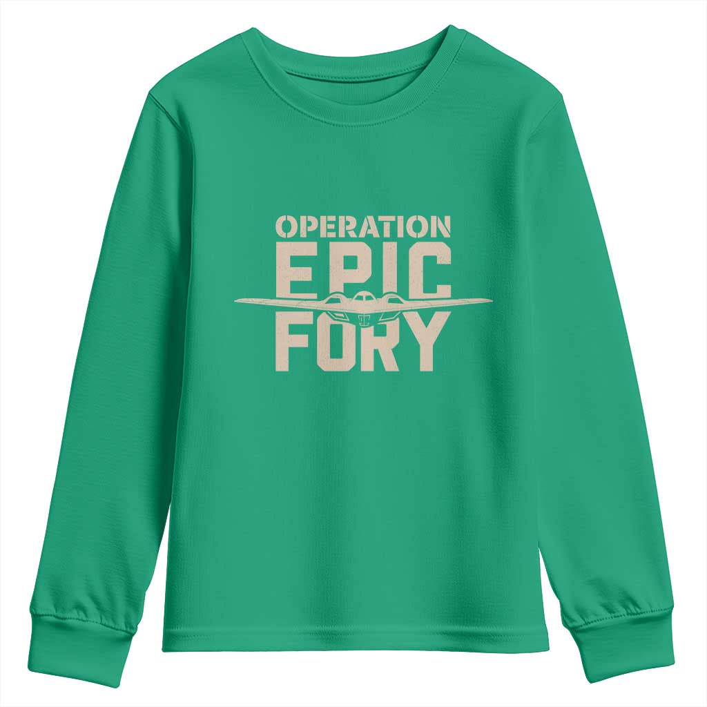 Operation Epic Fury Stealth Bomber Silhouette Youth Sweatshirt Patriotic B2 Spirit Aviation Statement