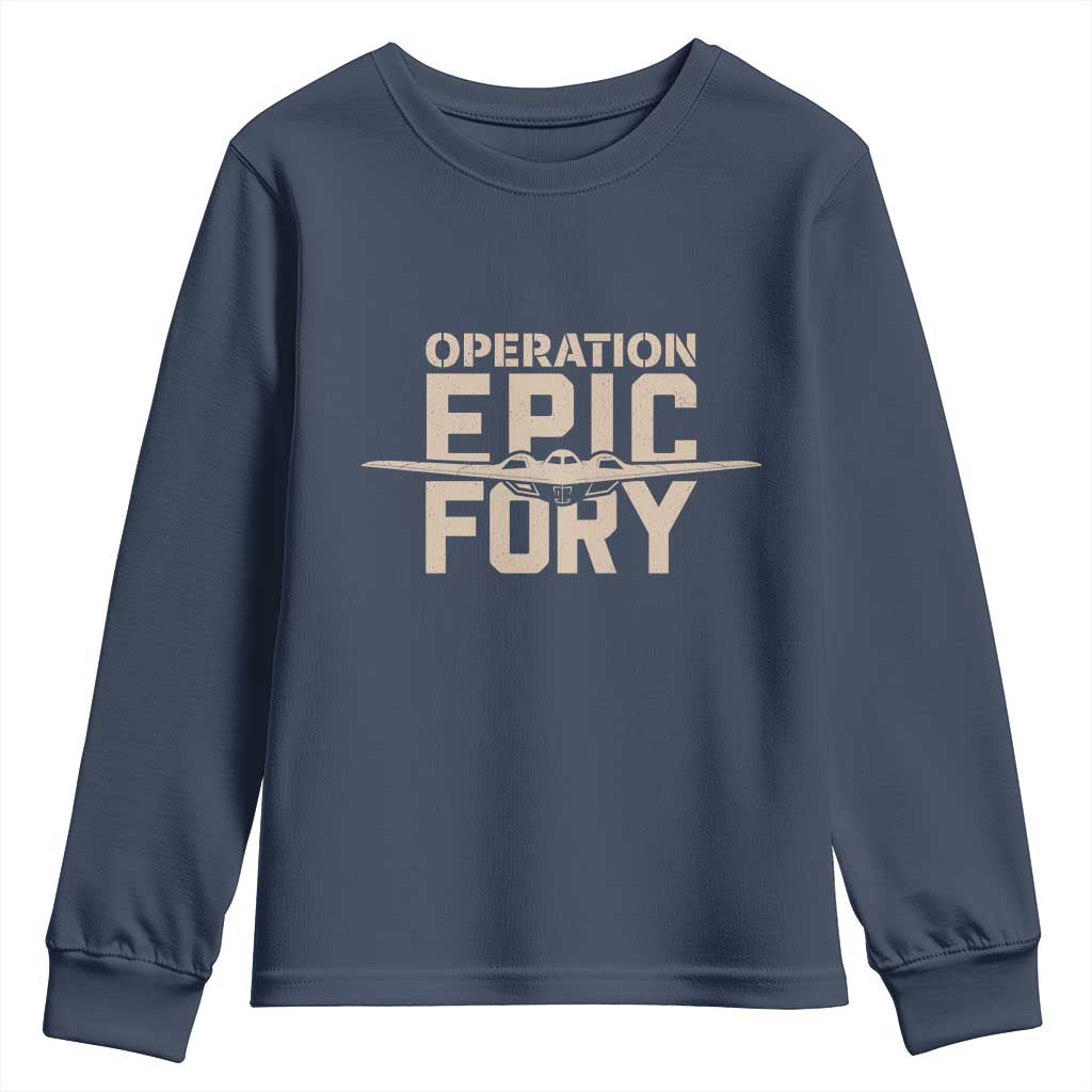 Operation Epic Fury Stealth Bomber Silhouette Youth Sweatshirt Patriotic B2 Spirit Aviation Statement