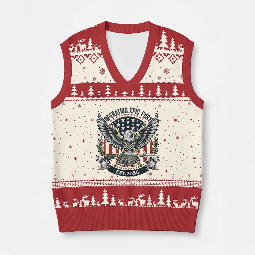 Operation Epic Fury Patriotic Eagle Crest Est 2026 V-Neck Knit Sweater Vest American Strength Freedom