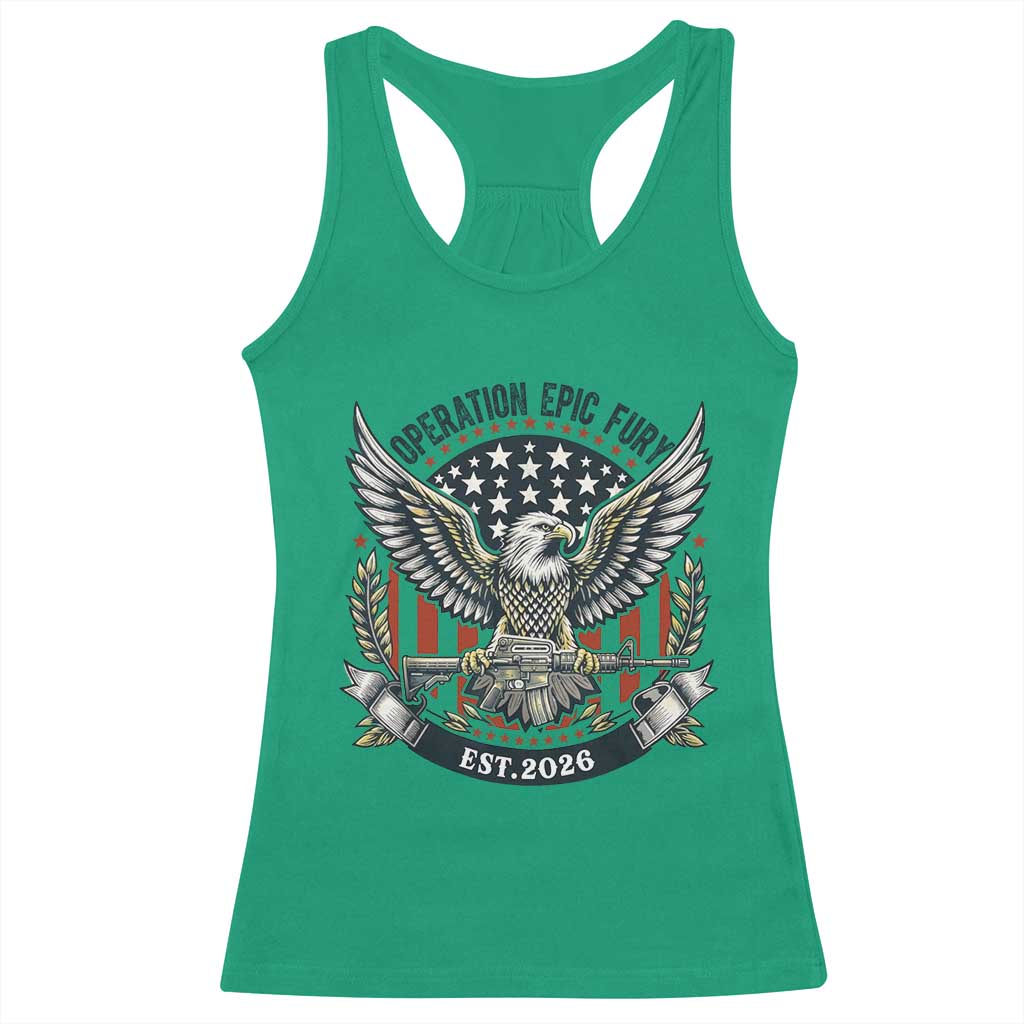 Operation Epic Fury Patriotic Eagle Crest Est 2026 Racerback Tank Top American Strength Freedom